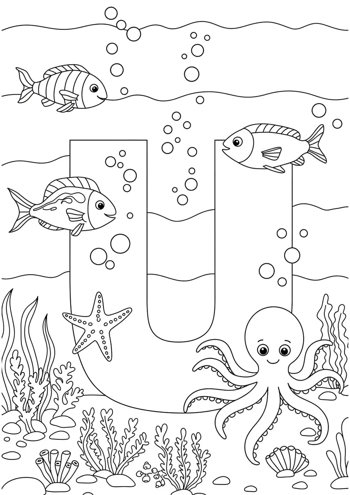 Simple underwater scene with a large letter U, fish, seaweed, and an octopus to color.