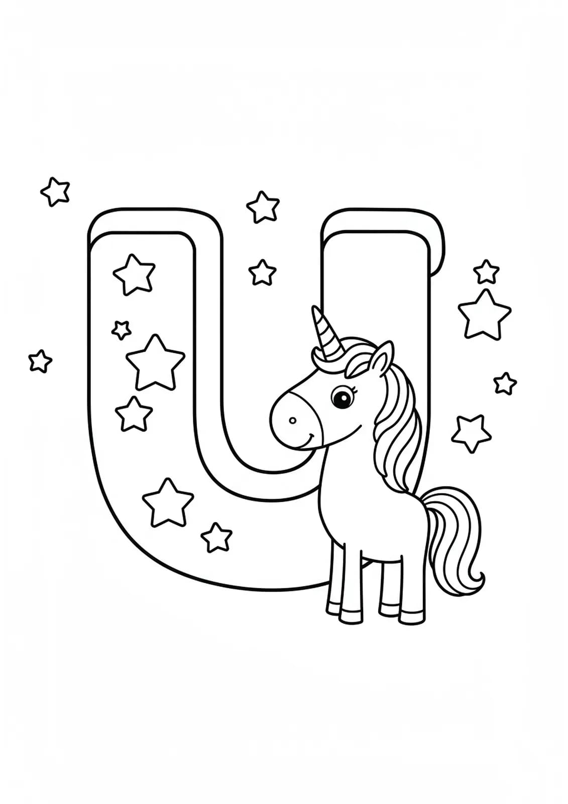 Black and white unicorn and large letter U with stars, for children to color.