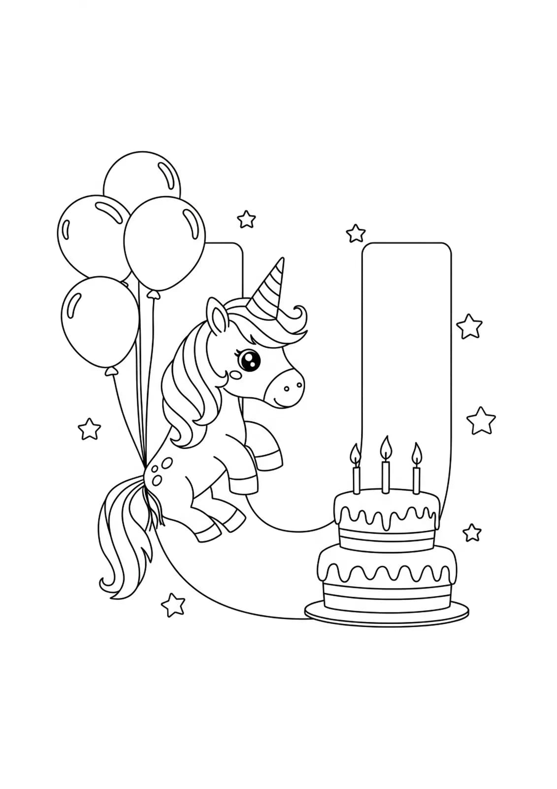Large letter U with a unicorn, party hat, balloons, and simple birthday cake to color.
