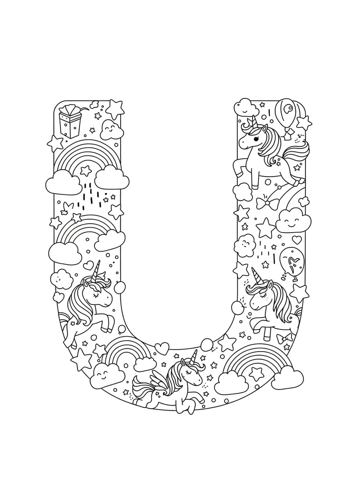 Letter U with unicorns, rainbows, and stars in a fantasy festival scene for coloring.