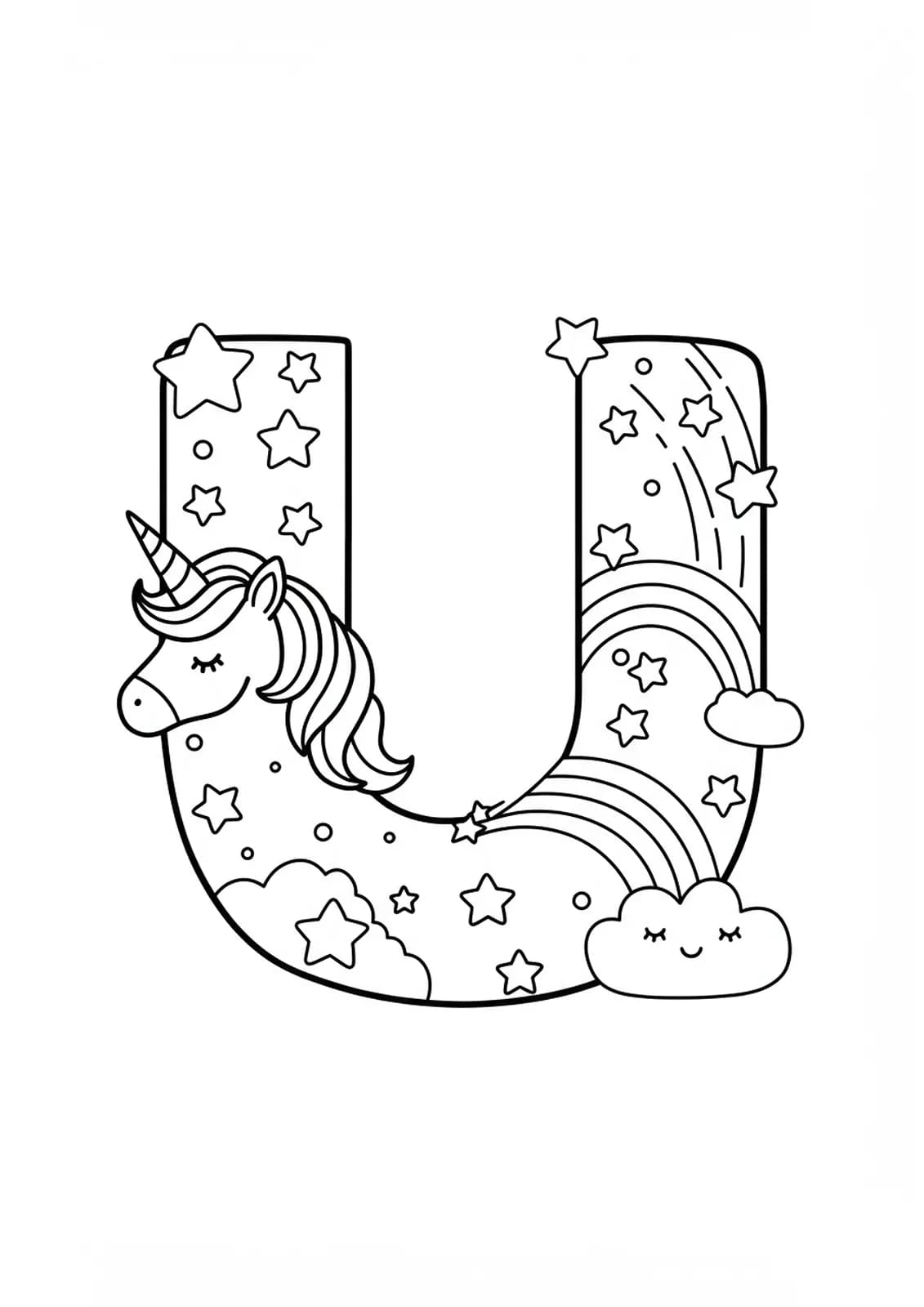 Large letter U with a simple unicorn, rainbow, and stars around it for easy coloring.