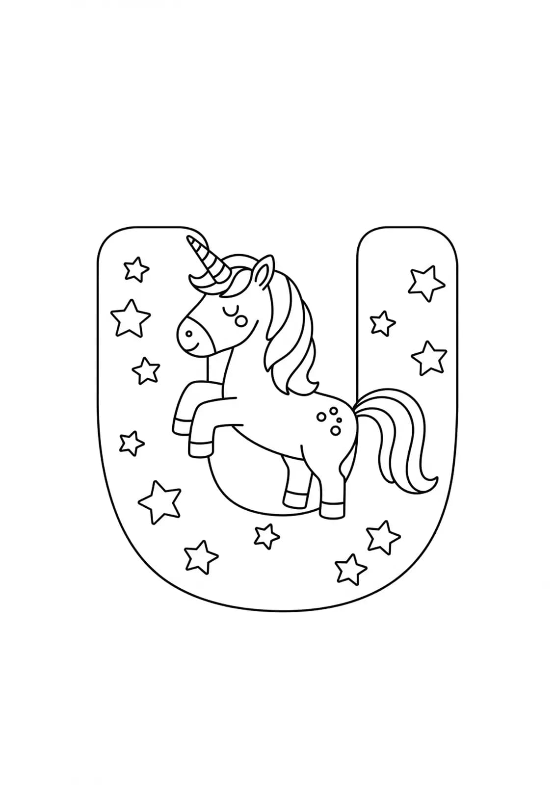 Simple letter U with a unicorn and stars for preschool children to color.