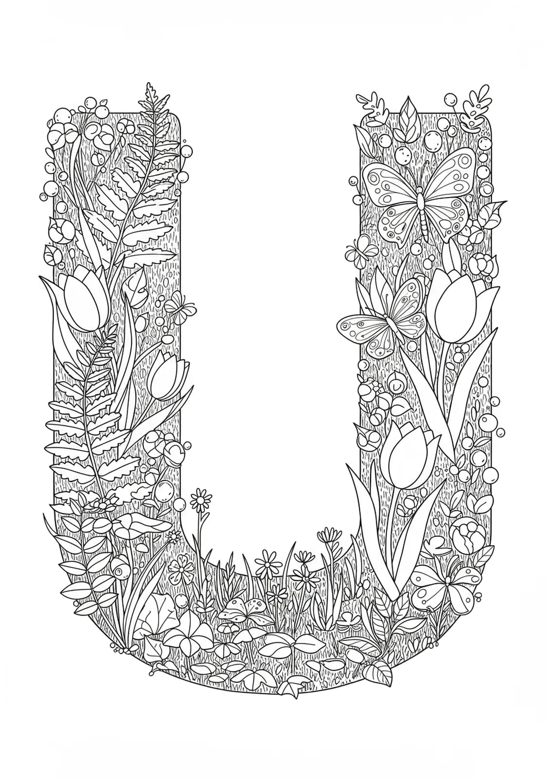 Letter U surrounded by upright ferns, tulips, butterflies, and garden elements for coloring.
