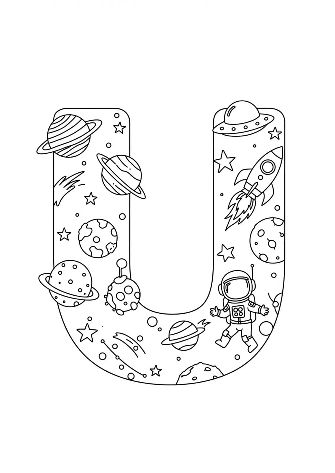 Letter U with planets, stars, UFO, rocket, and an astronaut in space for coloring.