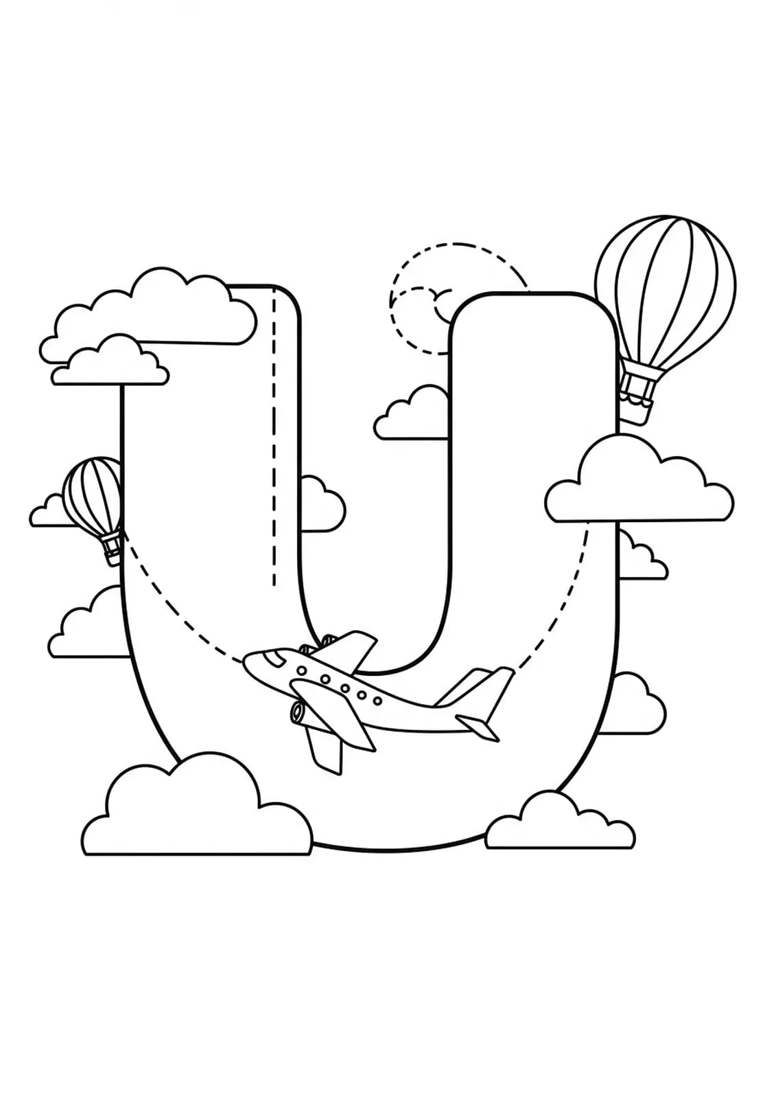 Large letter U with an airplane, hot air balloon, and clouds for an easy coloring activity.
