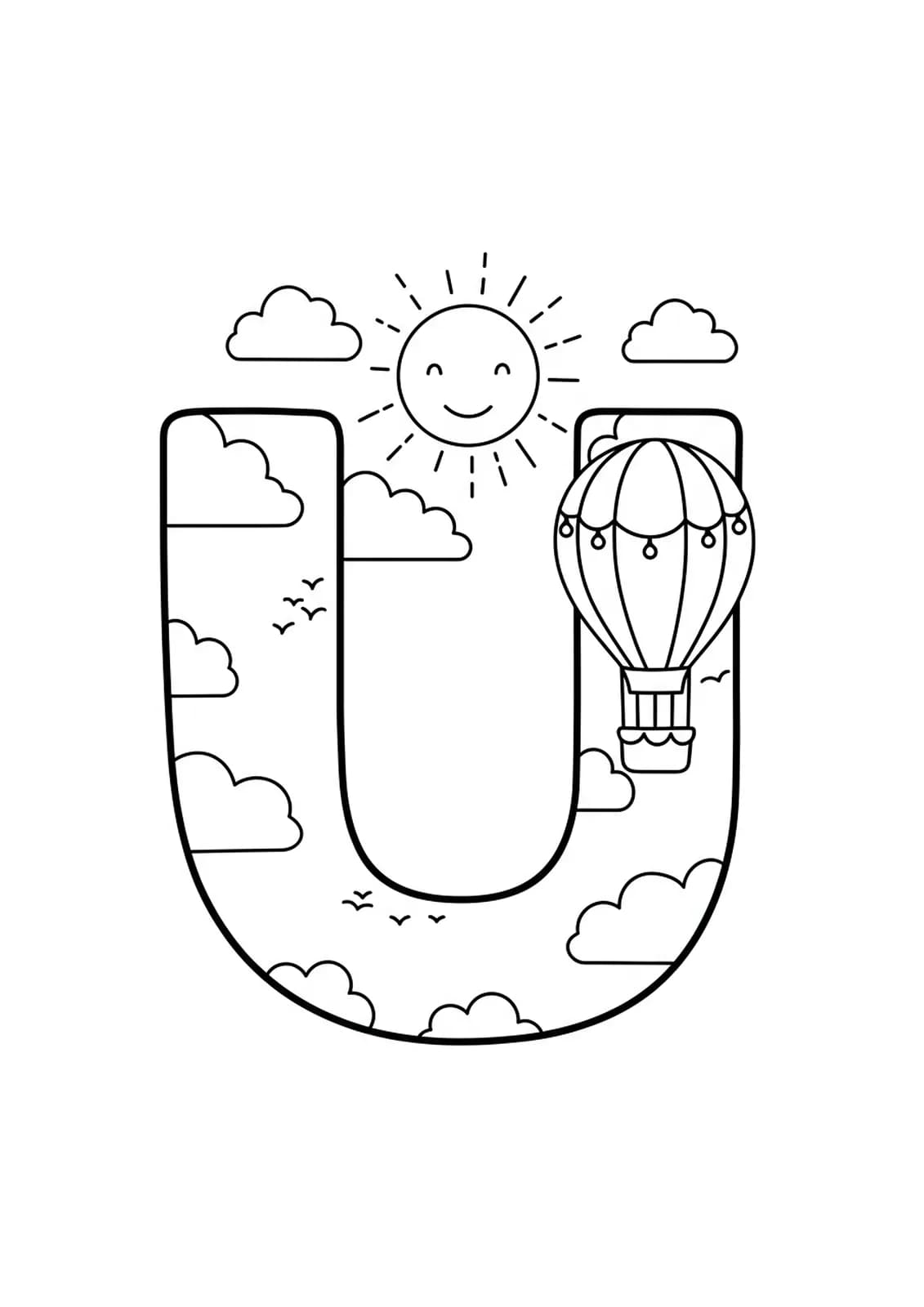 Big letter U with clouds, sun, and a hot air balloon for kids to color.