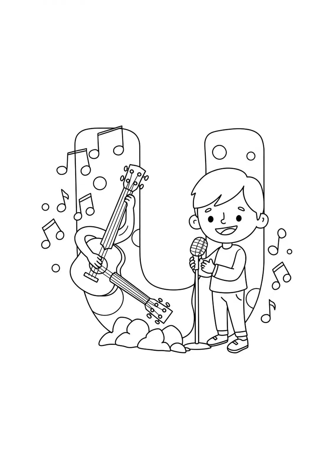 Large letter U with simple ukulele, music notes, and a cartoon singer for coloring.