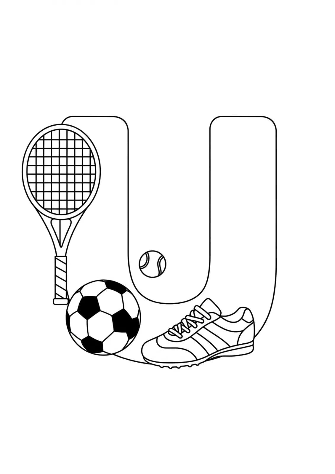 Large letter U with a soccer ball, tennis racket, and running shoe for sports-themed coloring.