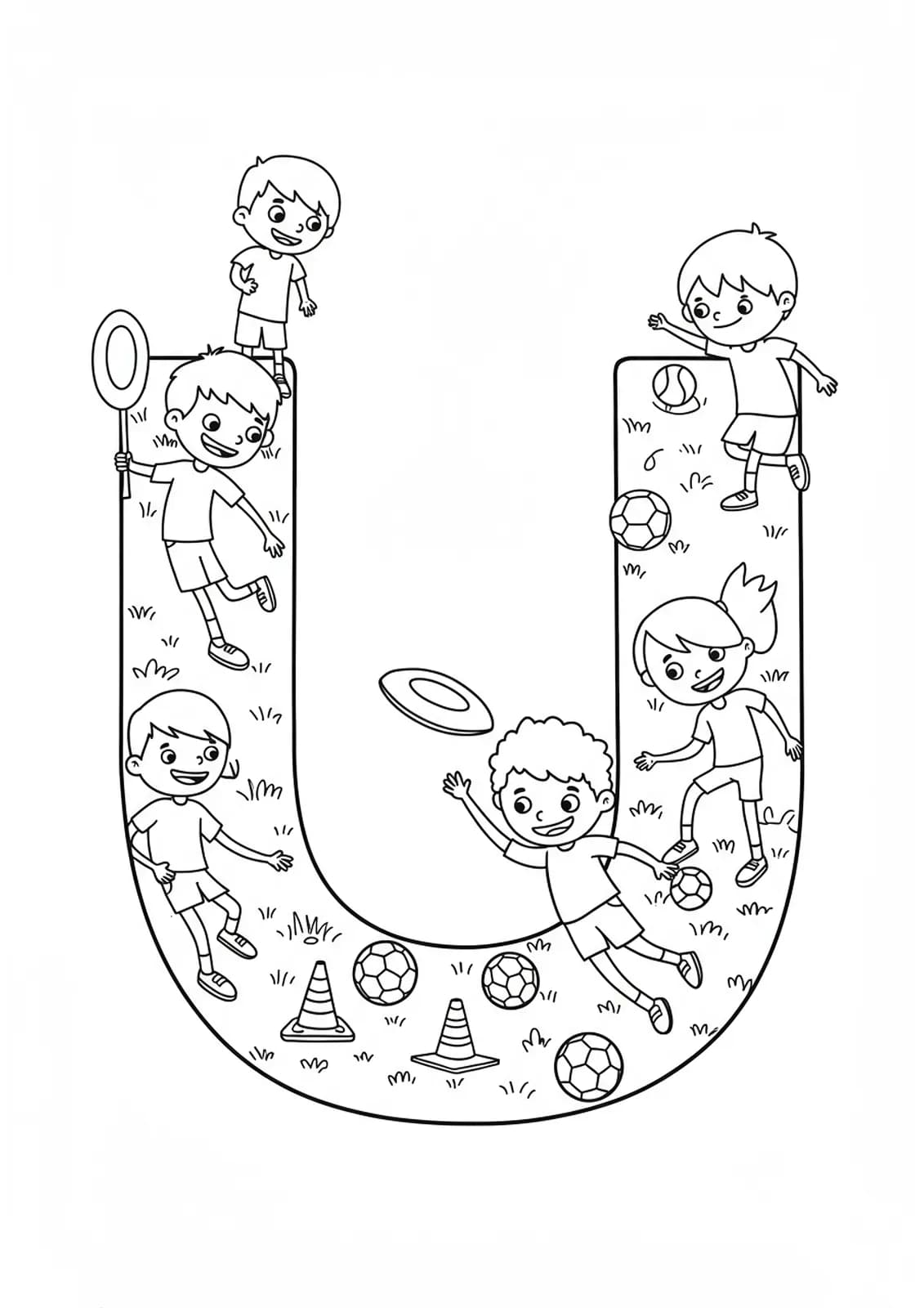 Letter U with children playing ultimate frisbee, soccer, and other sports for coloring.