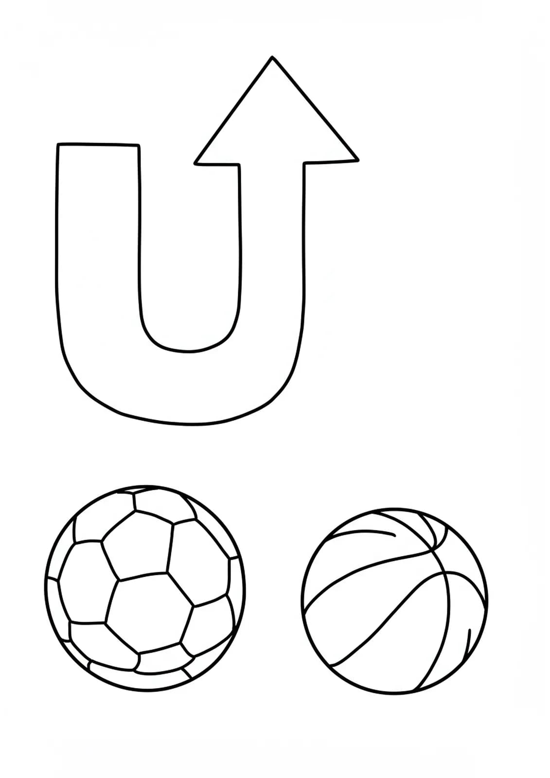 Large letter U with an upward arrow, soccer ball, and basketball for kids to color.