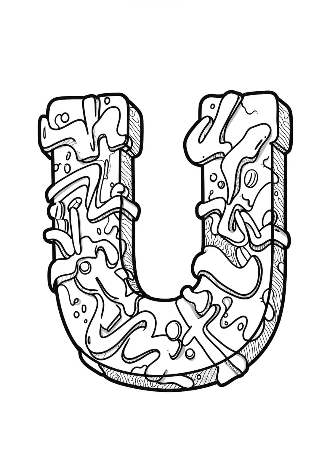 Intricate graffiti art coloring page with letter U, abstract shapes, and street art motifs.