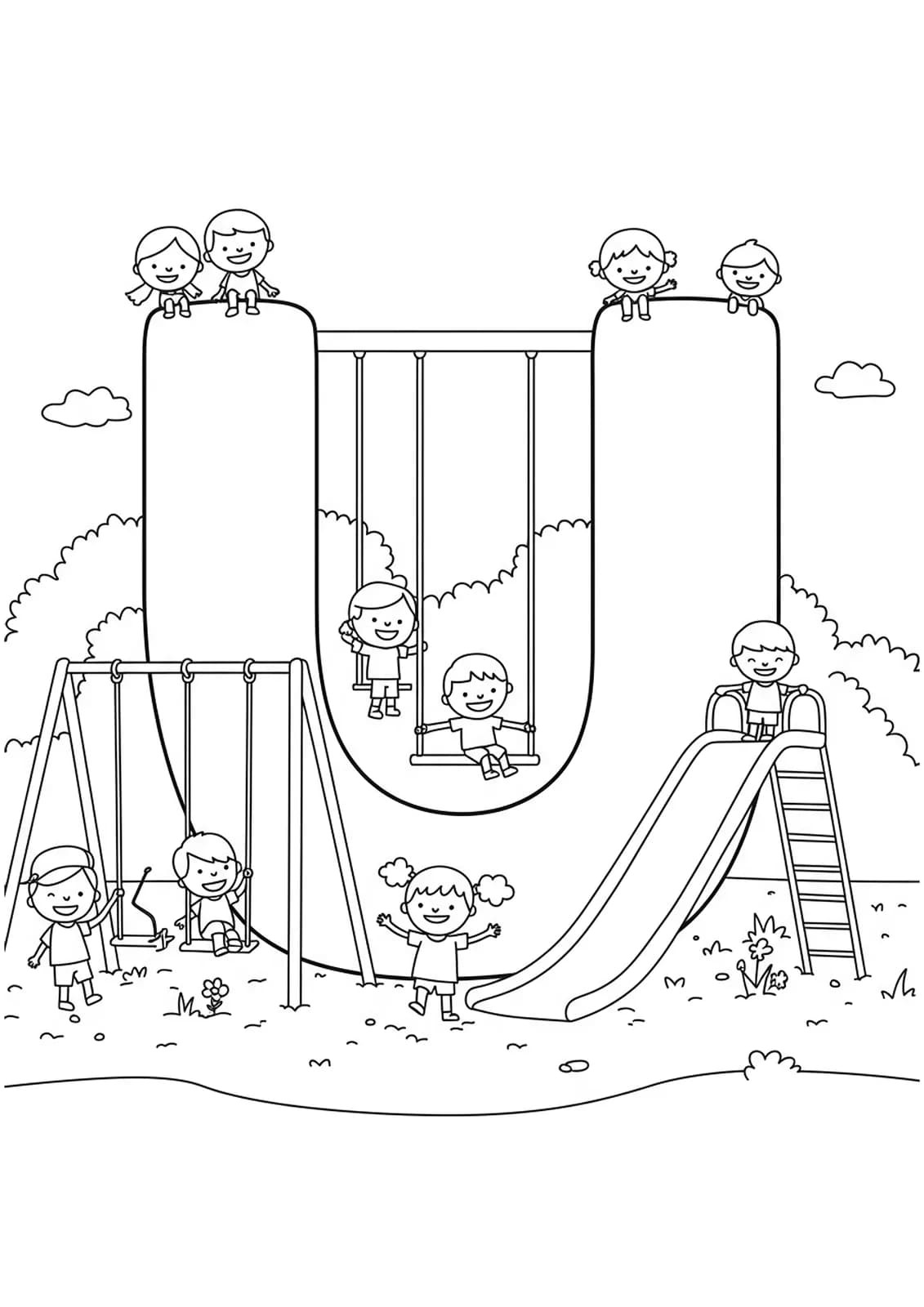 Large letter U with swings, slide, and children playing for coloring.
