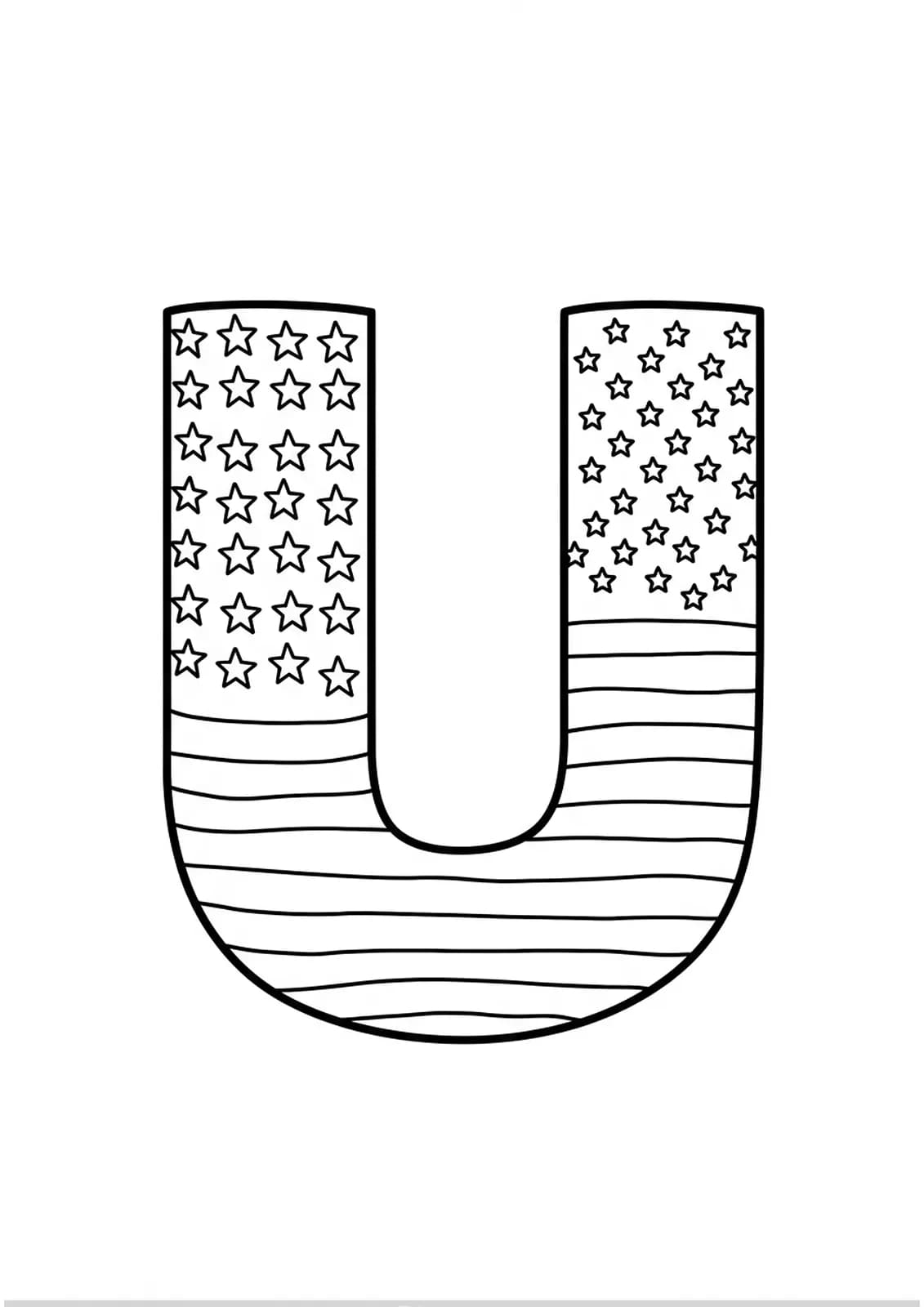 Large letter U with stars, stripes, and an American flag for easy coloring.