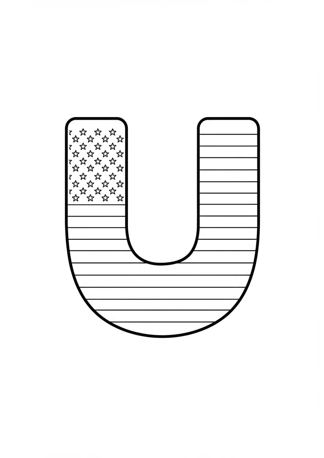 Large letter U with a basic USA flag outline for preschool coloring.