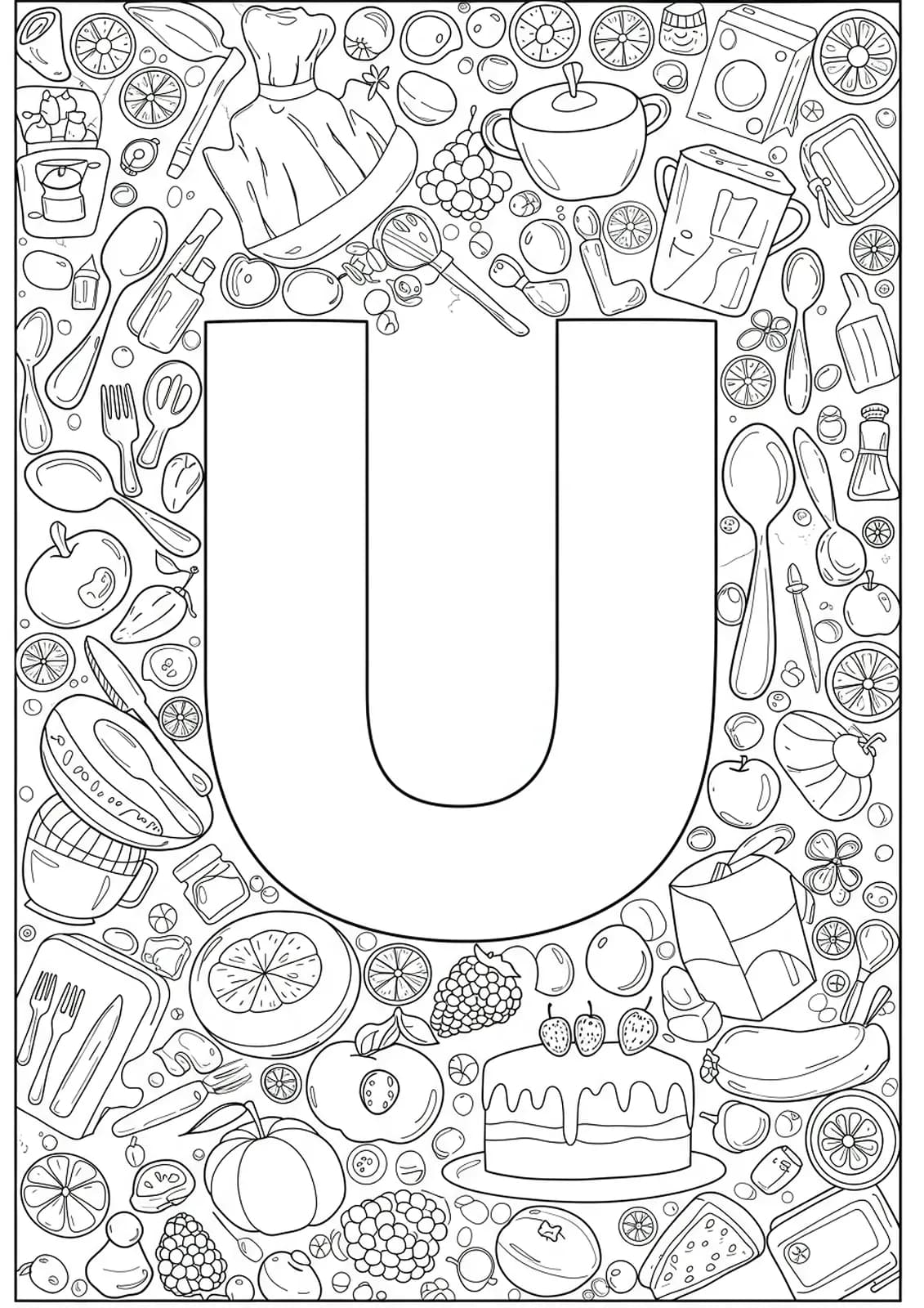 Letter U with utensils, unique foods like upside-down cake and ugli fruit, and kitchen items for coloring.