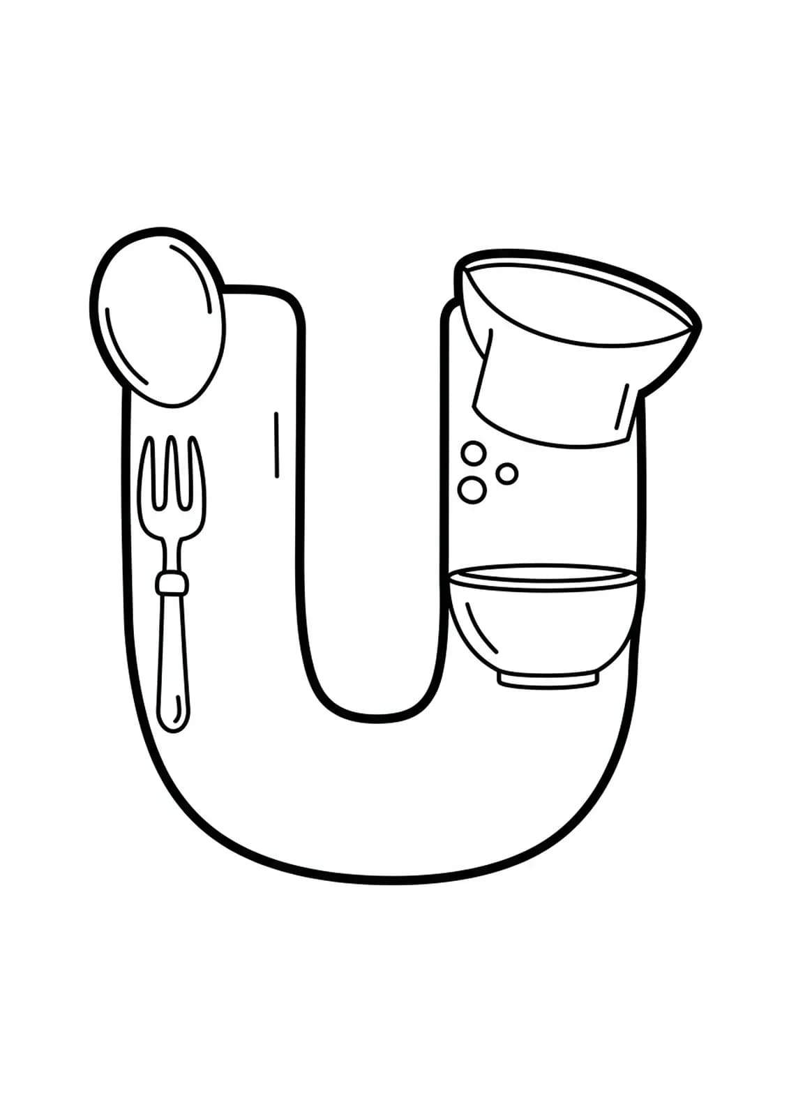 Large letter U with a spoon, fork, and mixing bowl for easy kitchen-themed coloring.