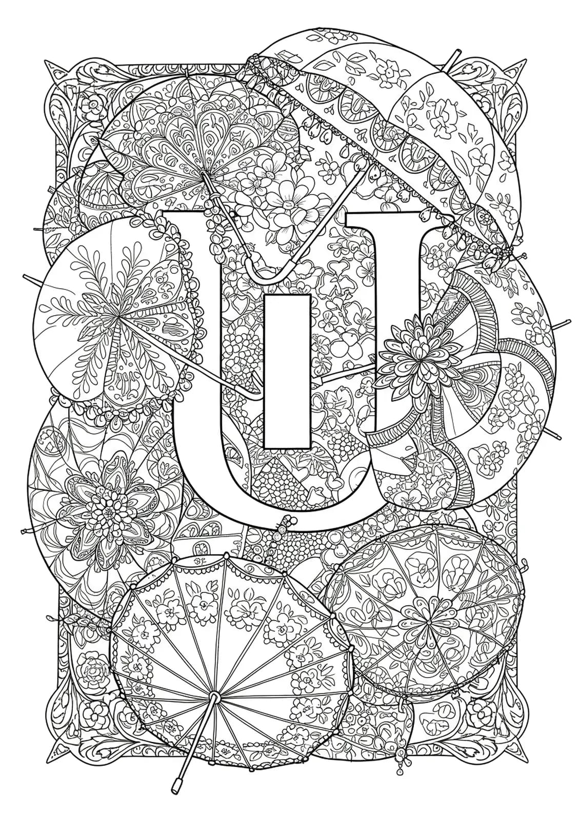 Letter U with intricate vintage umbrellas, lace, and floral patterns.