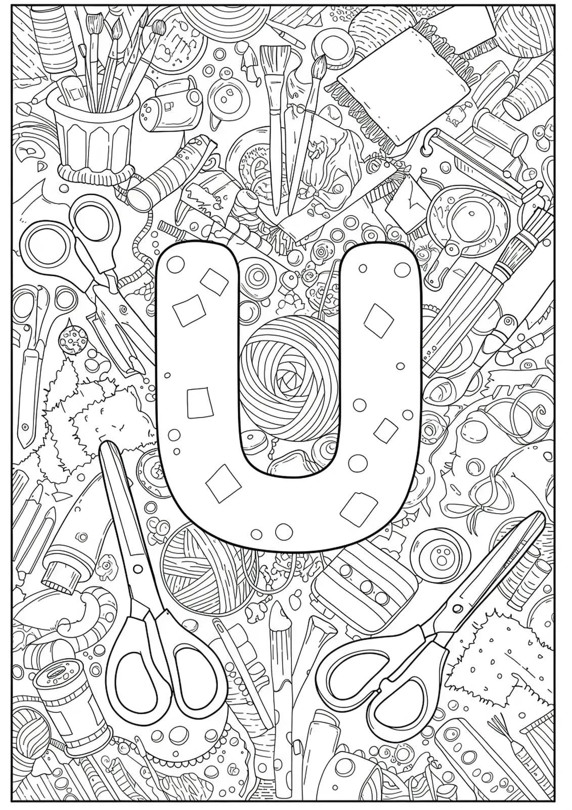 Letter U surrounded by simple outlines of craft supplies like scissors, yarn, and fabric in an easy coloring page.