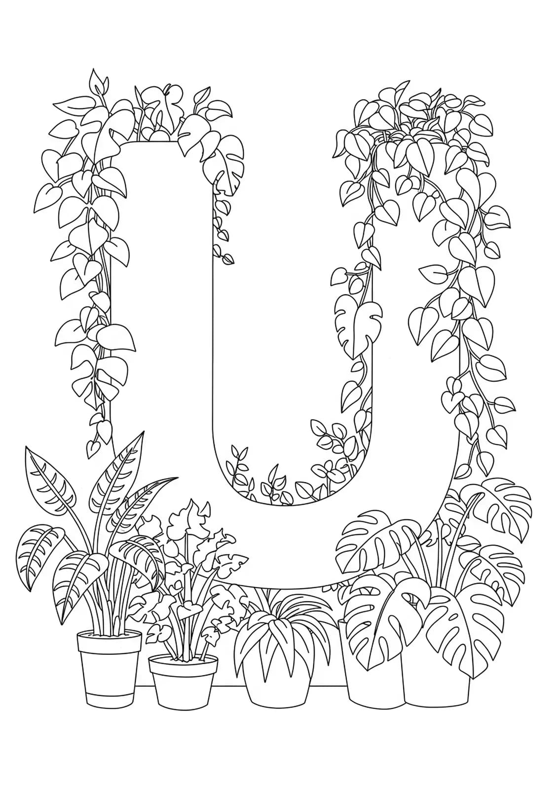 Letter U outlined with simple potted plants and leaves in a clean, easy coloring page design.