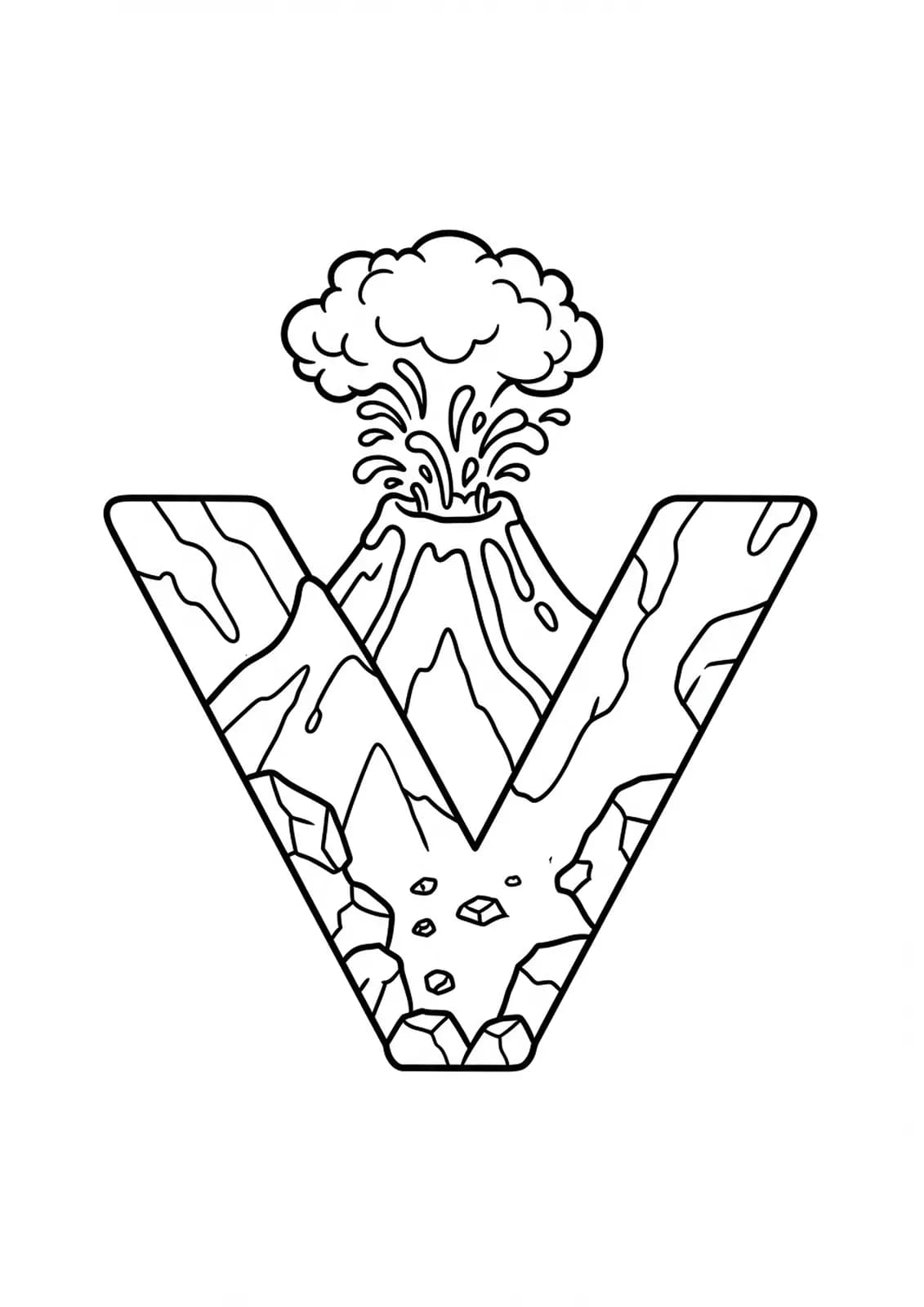 Outline drawing of the letter V next to a volcano with lava, smoke, and rocks, medium detail for elementary children.