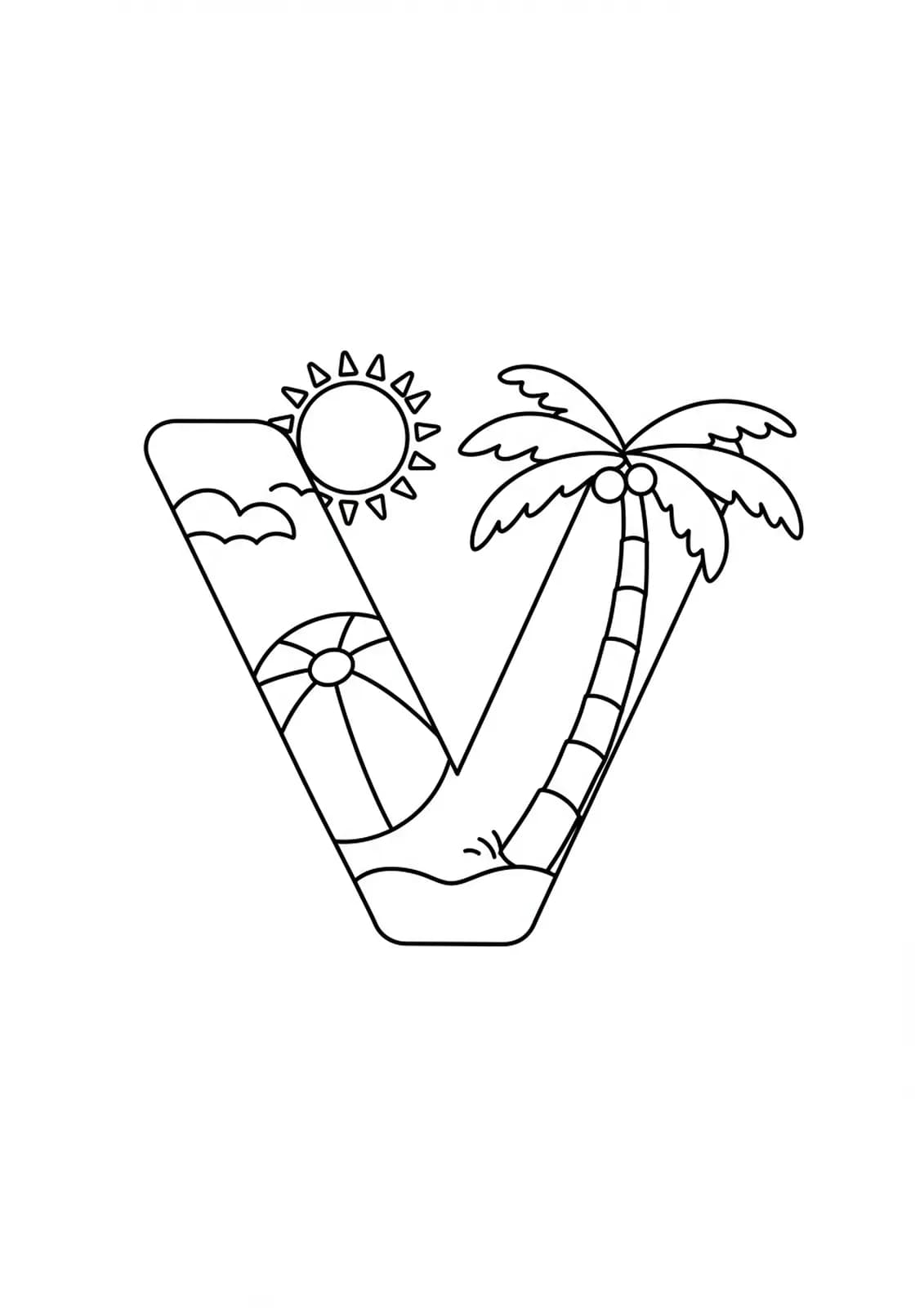 Large letter V with beach ball, sun, and palm tree for preschool coloring.