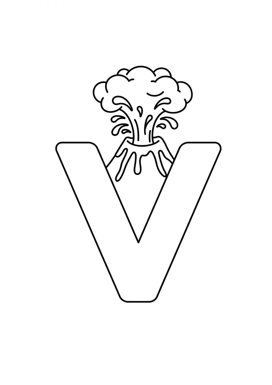 Large letter V with a simple erupting volcano for preschool coloring fun.