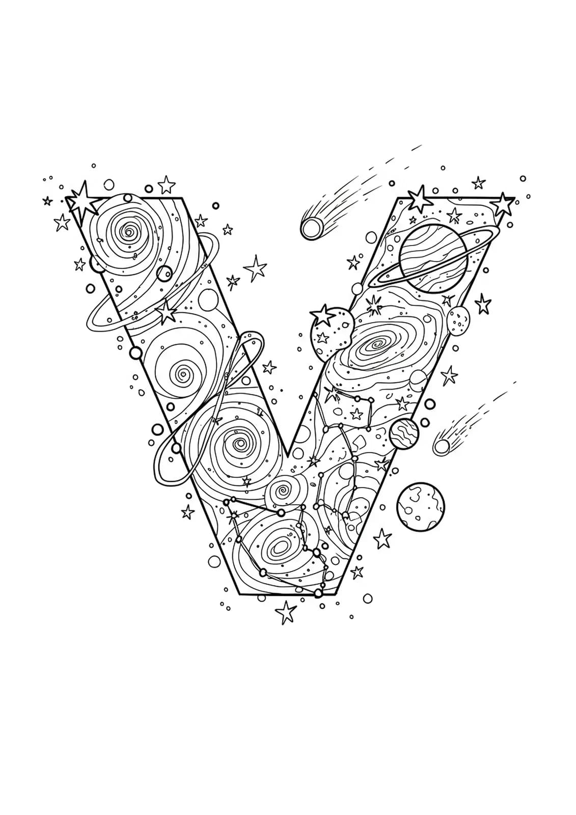 Detailed cosmic galaxy coloring page with the letter V, surrounded by stars, planets, and nebulae.