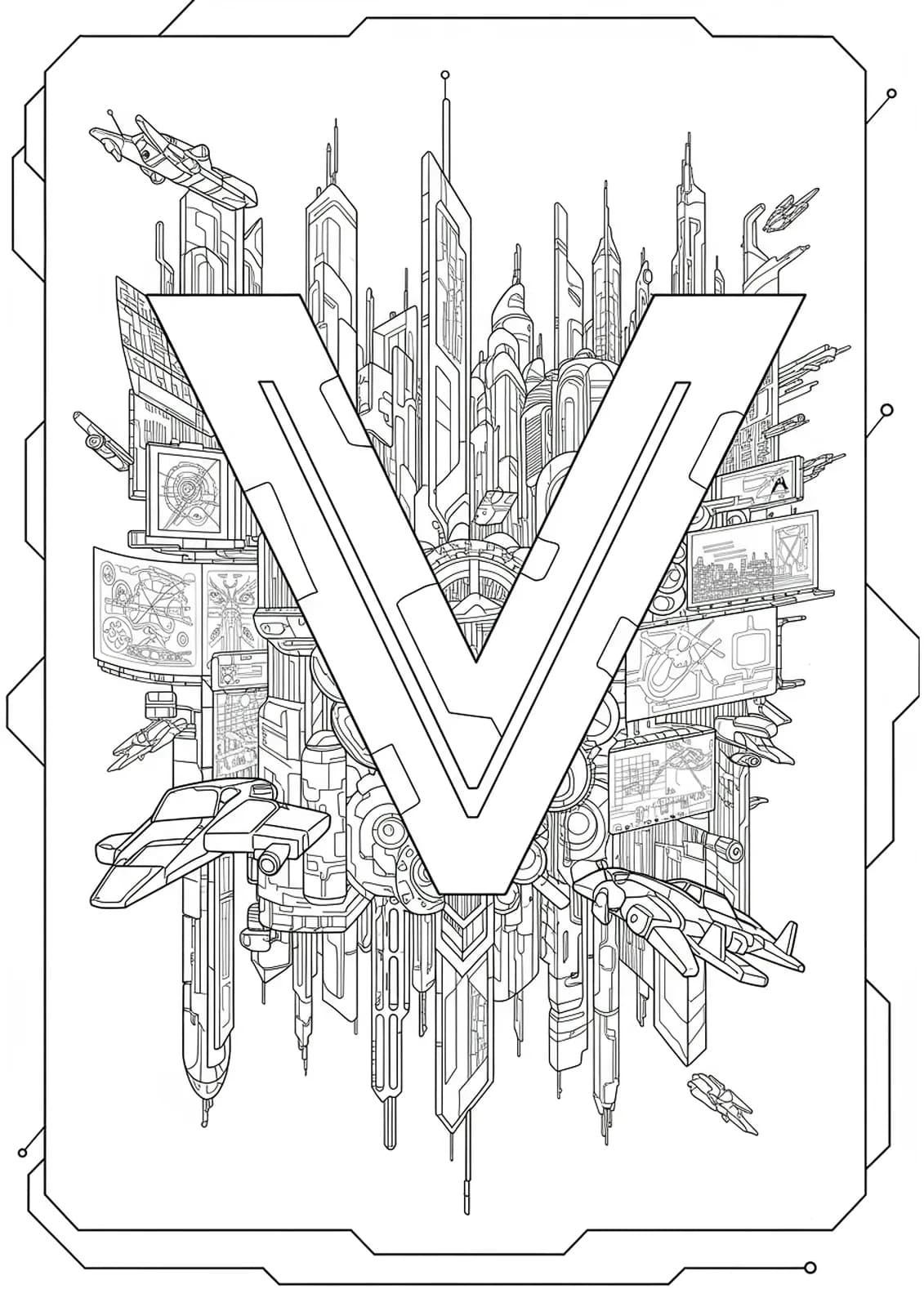 Letter V coloring page with a futuristic cityscape, skyscrapers, flying vehicles, and tech-inspired patterns.