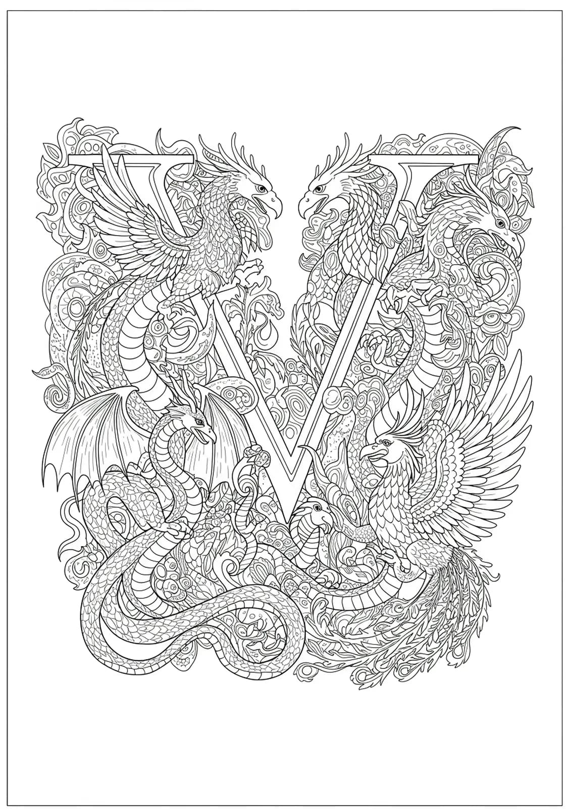 Letter V coloring page surrounded by detailed mythical creatures like dragons, phoenixes, and griffins.