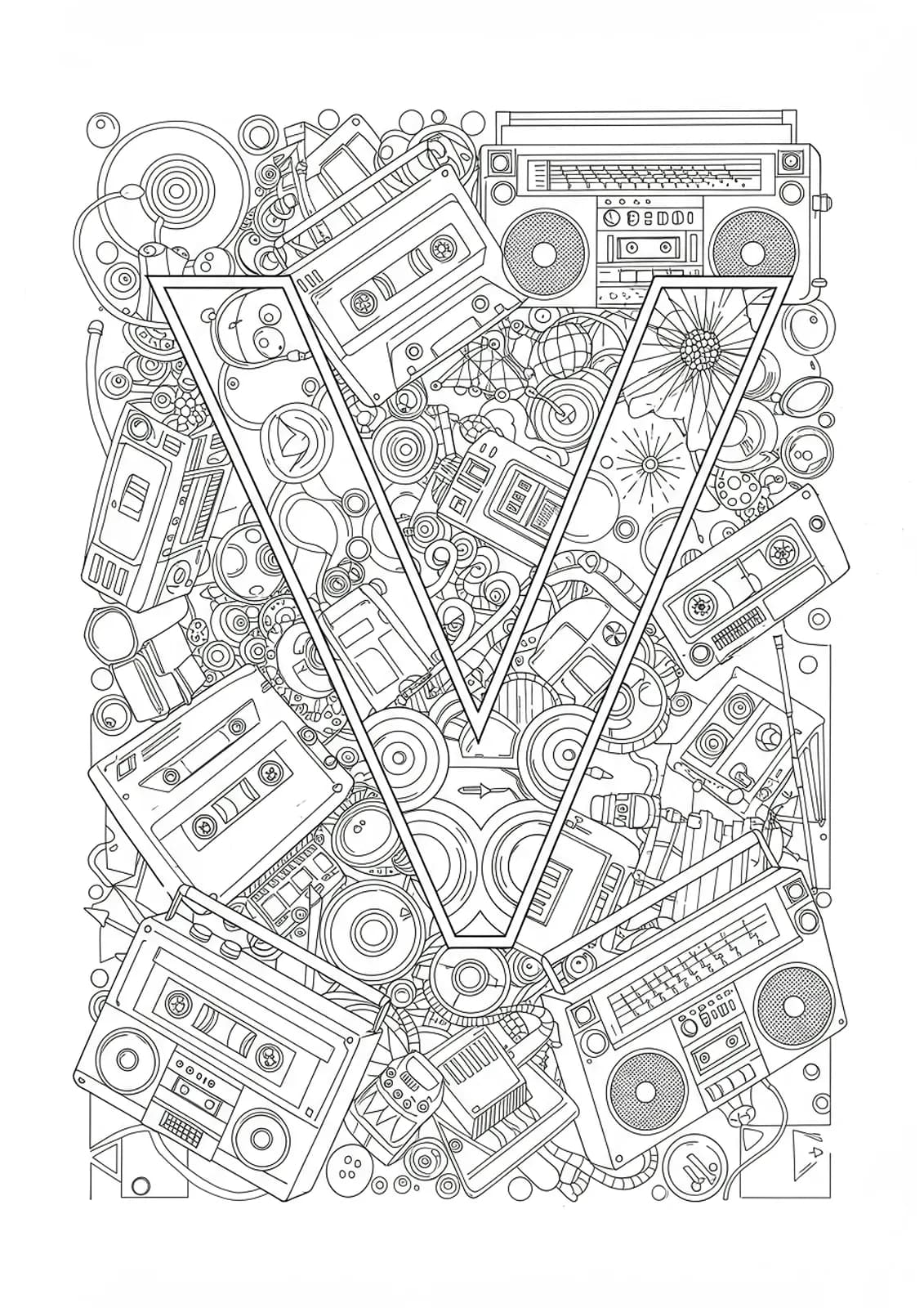 Letter V coloring page featuring retro video cassette tapes, boomboxes, and vintage tech patterns.