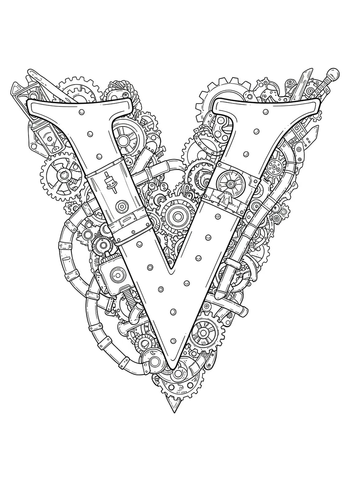 Intricate letter V coloring page with steampunk gears, cogs, pipes, and mechanical details.
