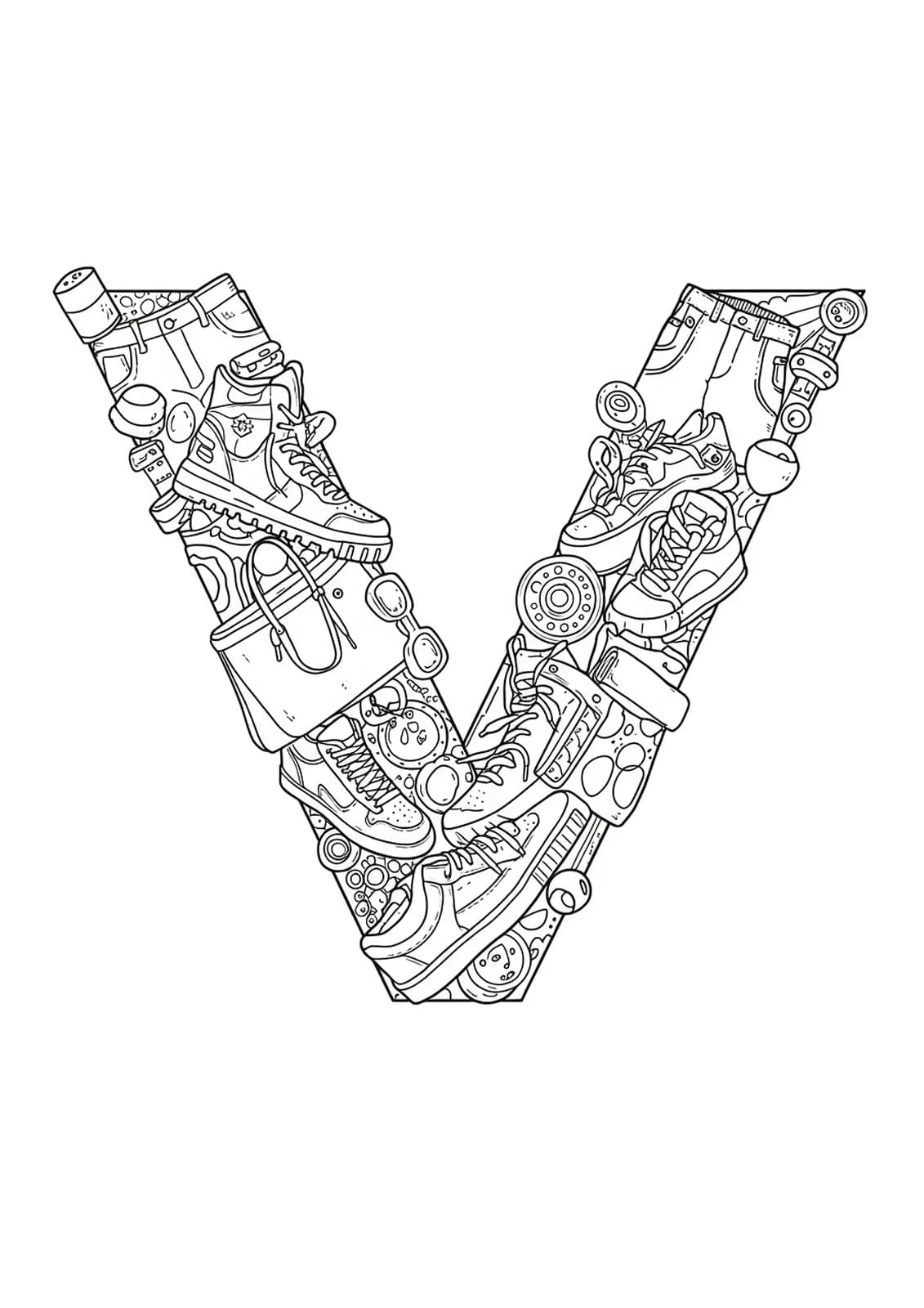 Letter V coloring page with detailed drawings of streetwear, shoes, accessories, and bold pattern work.
