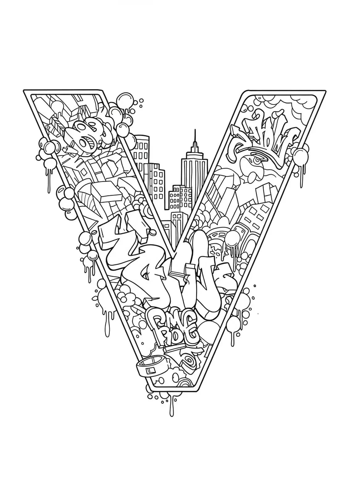 Complex graffiti-themed coloring page featuring the letter V with tags, spray paint details, and city elements.
