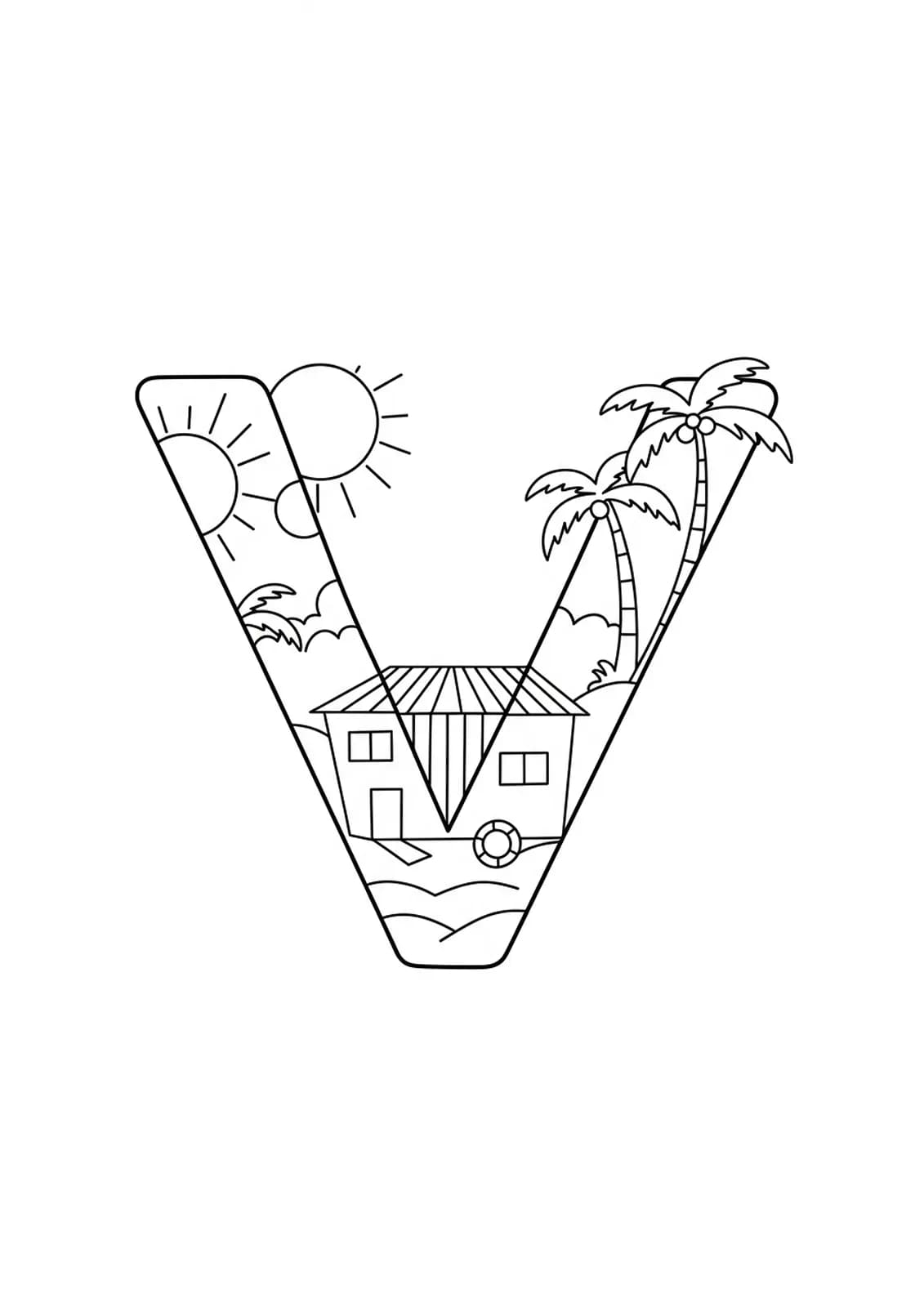 Easy coloring page for adults with letter V, palm trees, and villa outlines