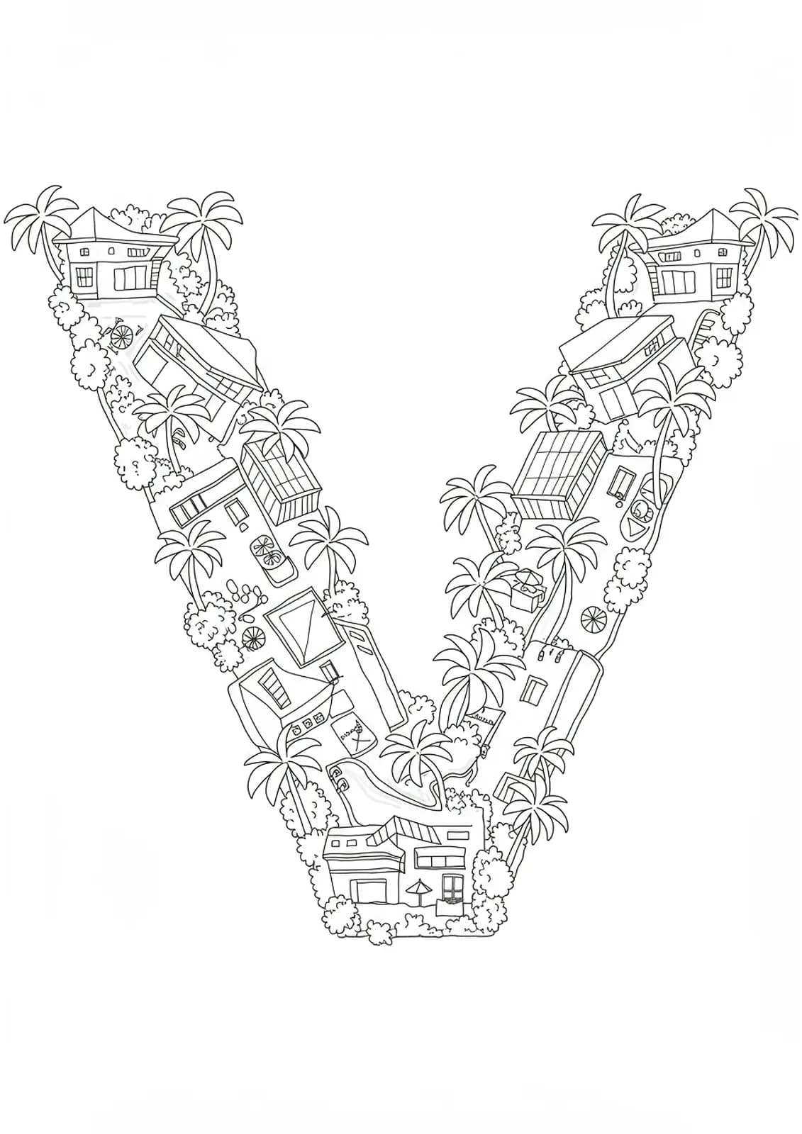 Line art of tropical villas, palm trees, and pools forming the letter V.