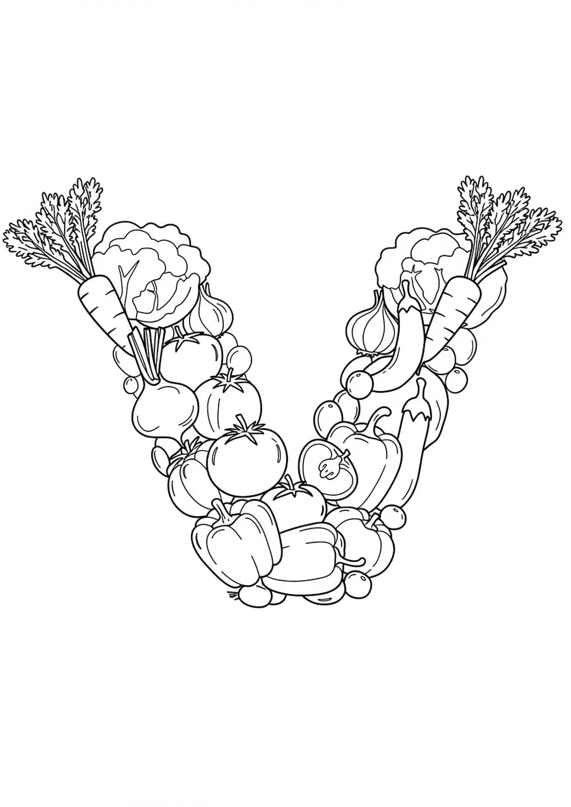Adult coloring page of letter V with large, simple vegetables for easy coloring