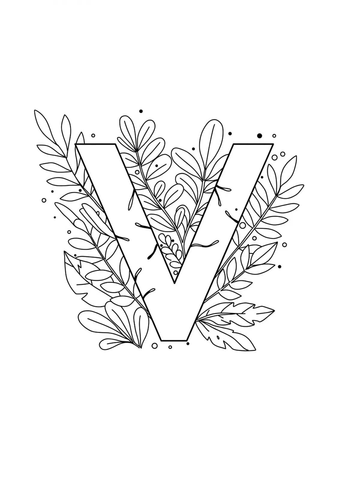 Letter V with large, simple plants and leaves for an easy adult coloring page