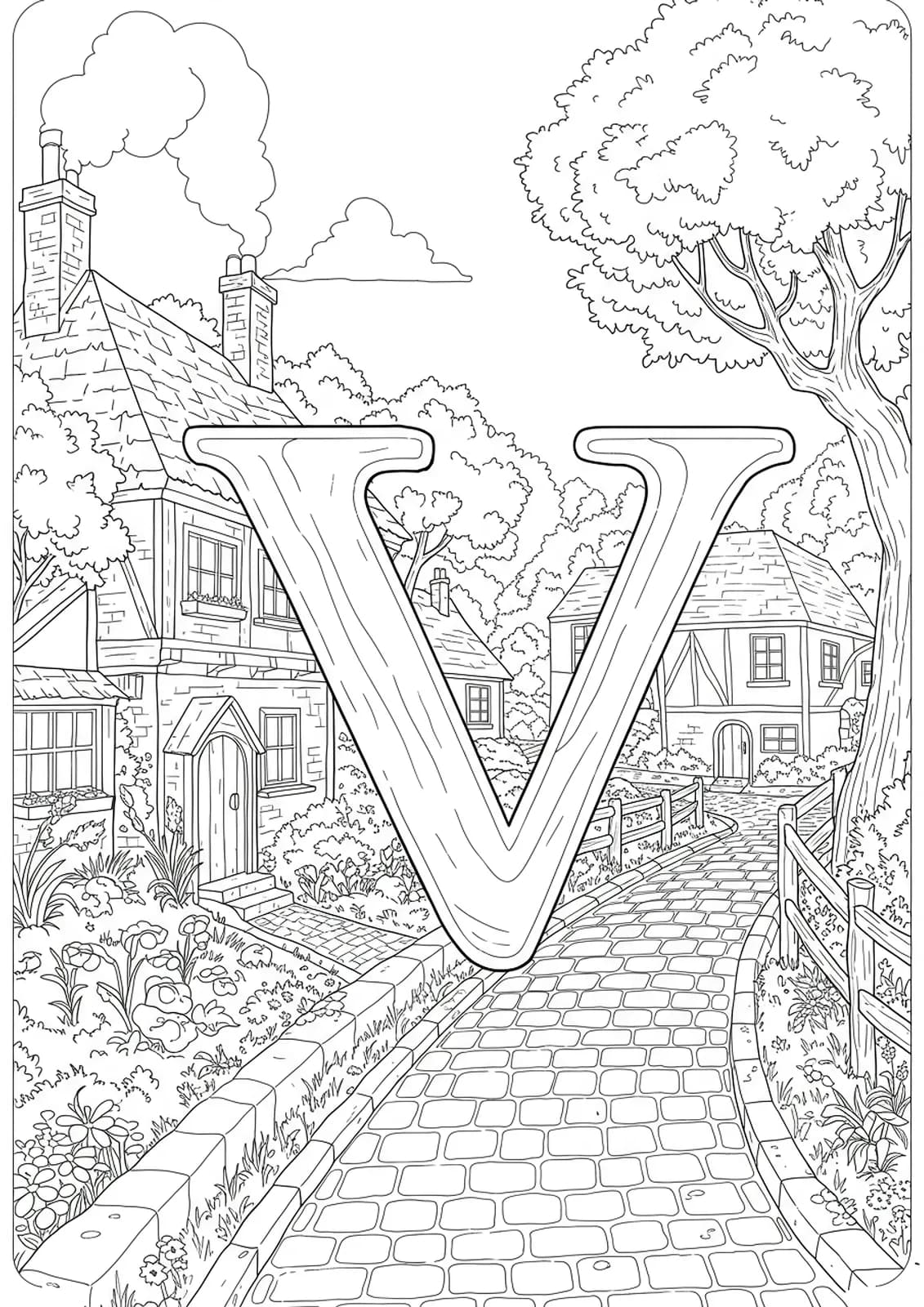 Line art of a village scene with cottages, trees, and the letter V integrated into the landscape.