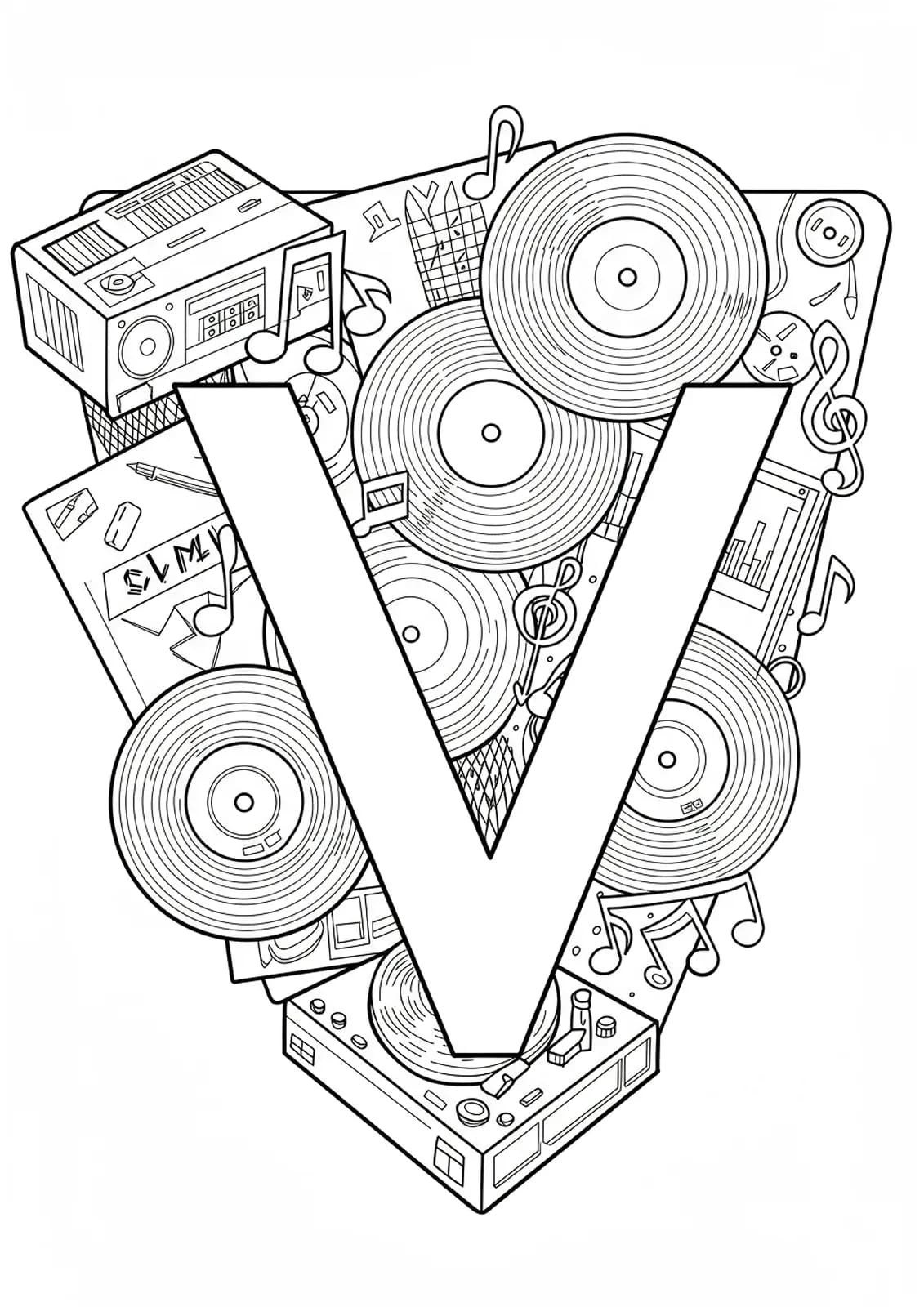 Letter V surrounded by vinyl records, record players, and musical notes in black and white line art.