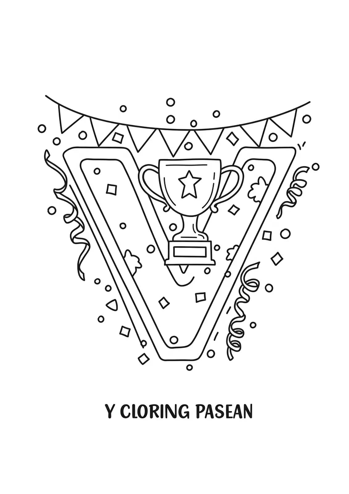 Simple adult coloring page of letter V with trophy, confetti, and streamers