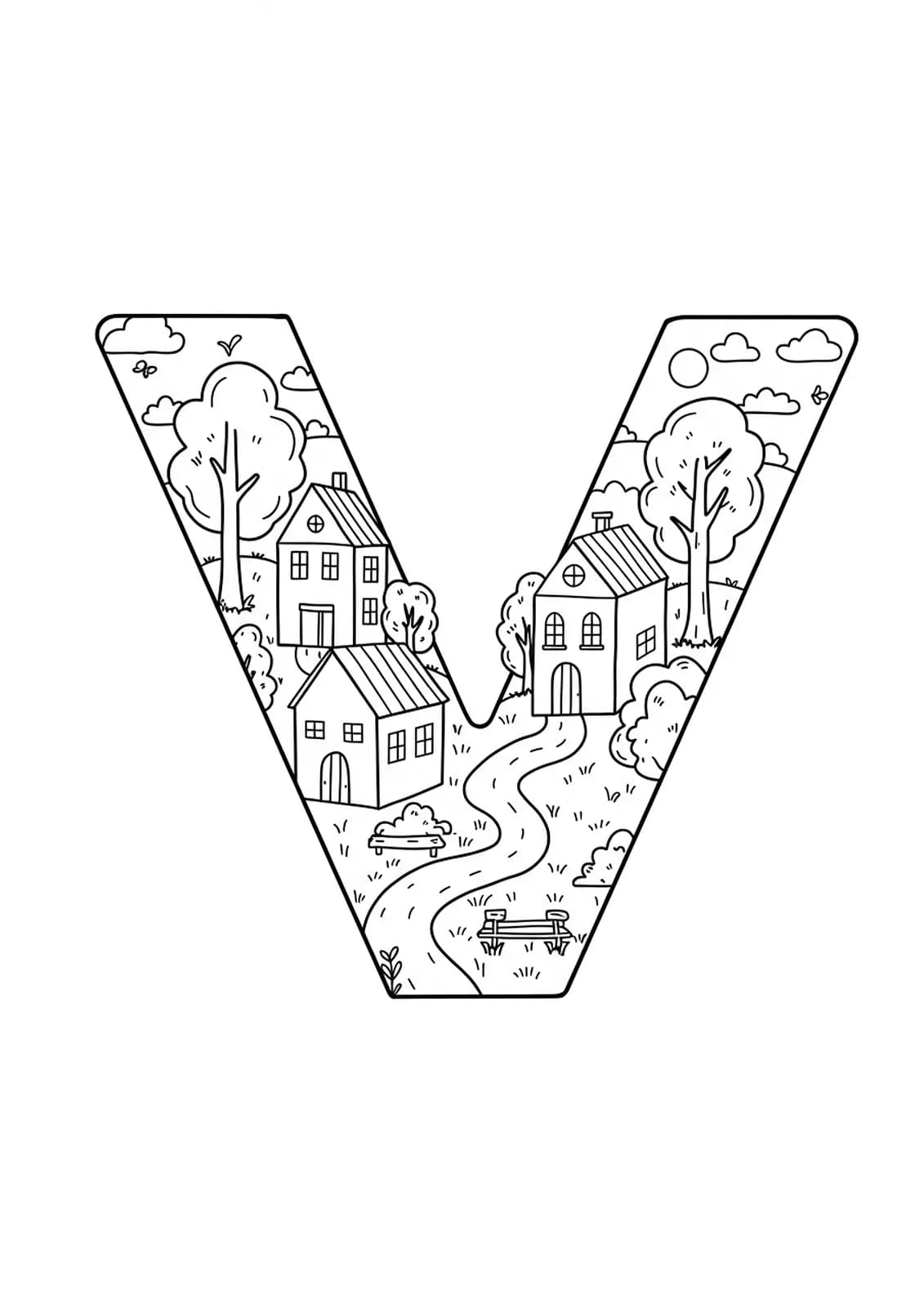 Easy coloring page of the letter V with a simple village scene for adults