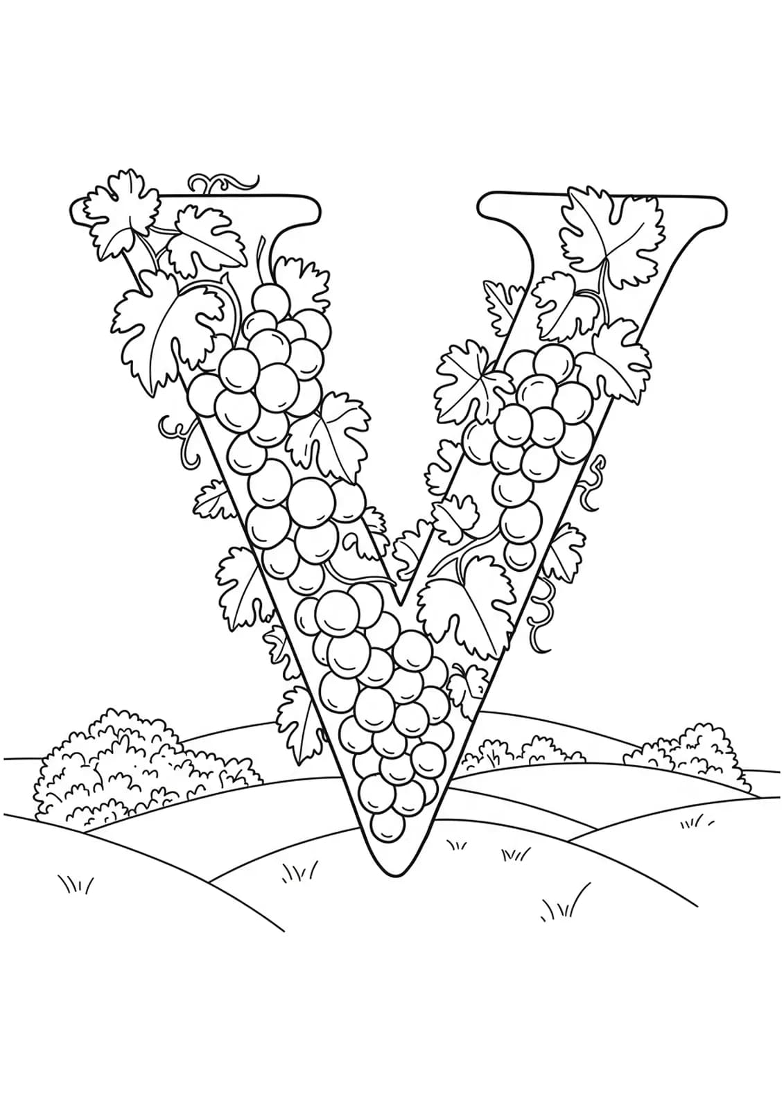 Easy coloring page for adults with letter V, grape clusters, and vine leaves
