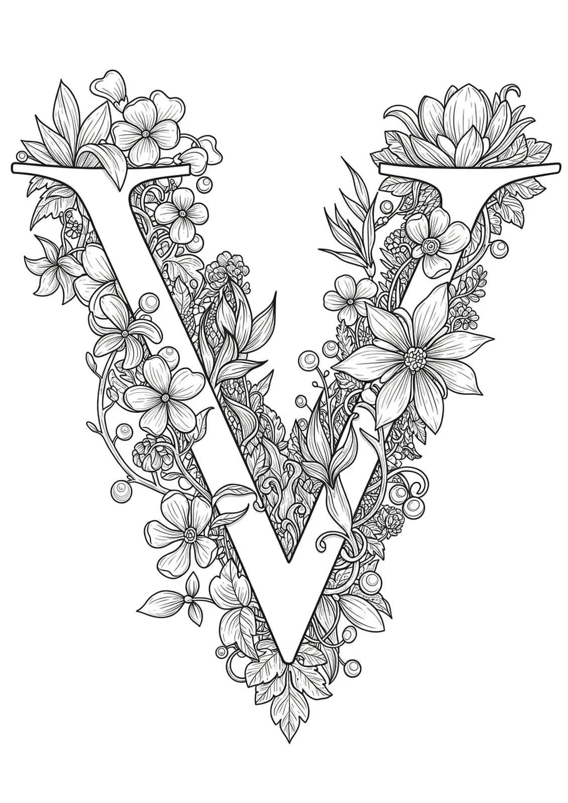 Ornate botanical coloring page with the letter V framed by detailed vintage plants, exotic flowers, and vines.
