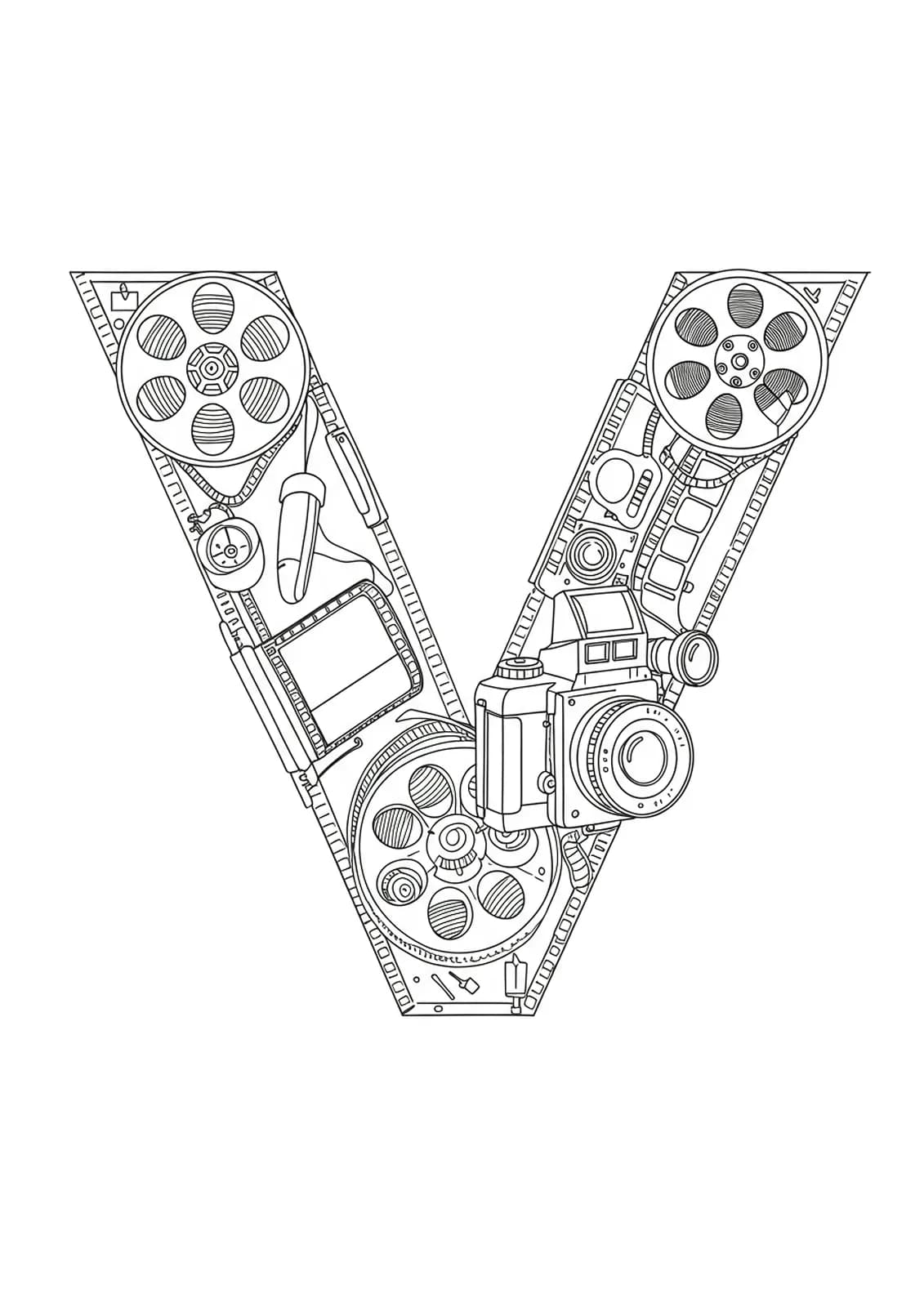 Black and white line art of a vintage camera forming the letter V, surrounded by retro photography elements.