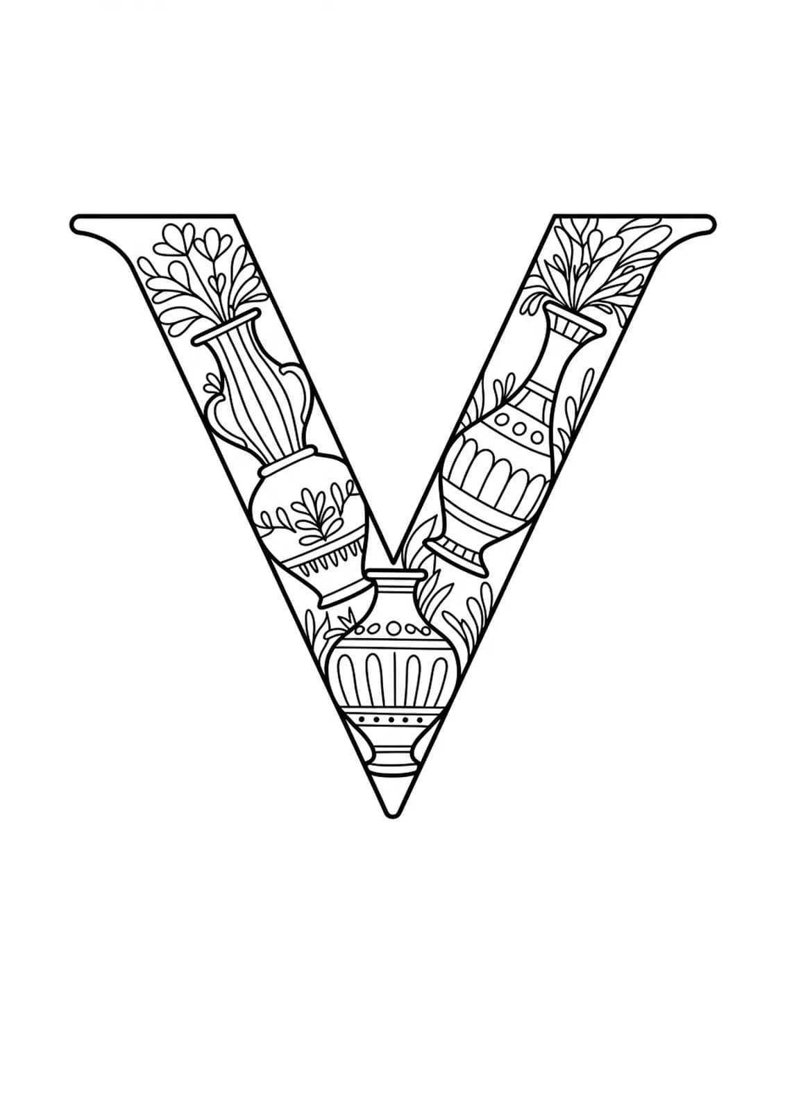 Letter V with large, simple Art Deco vases for an easy adult coloring page