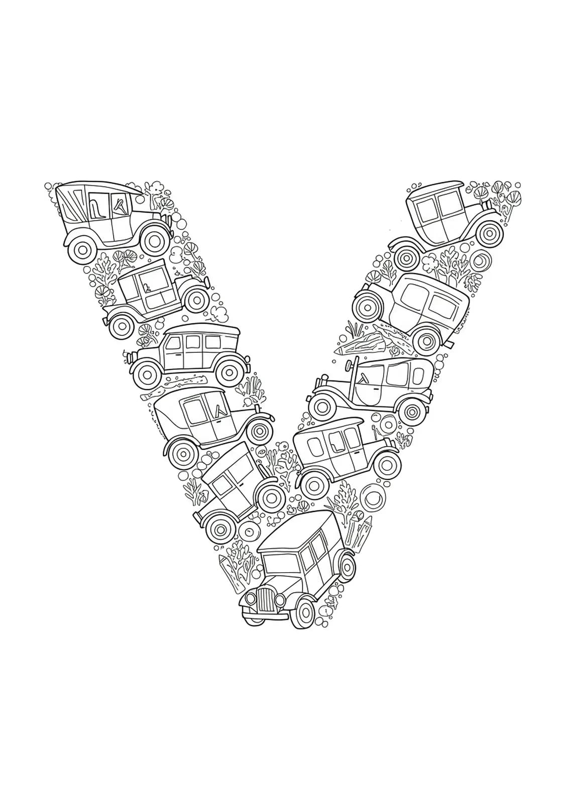Letter V with easy, simple outlines of antique vehicles for an adult coloring page