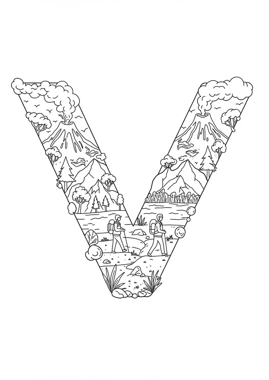 Line art of the letter V with volcanoes, mountains, and hikers in a lively scene.
