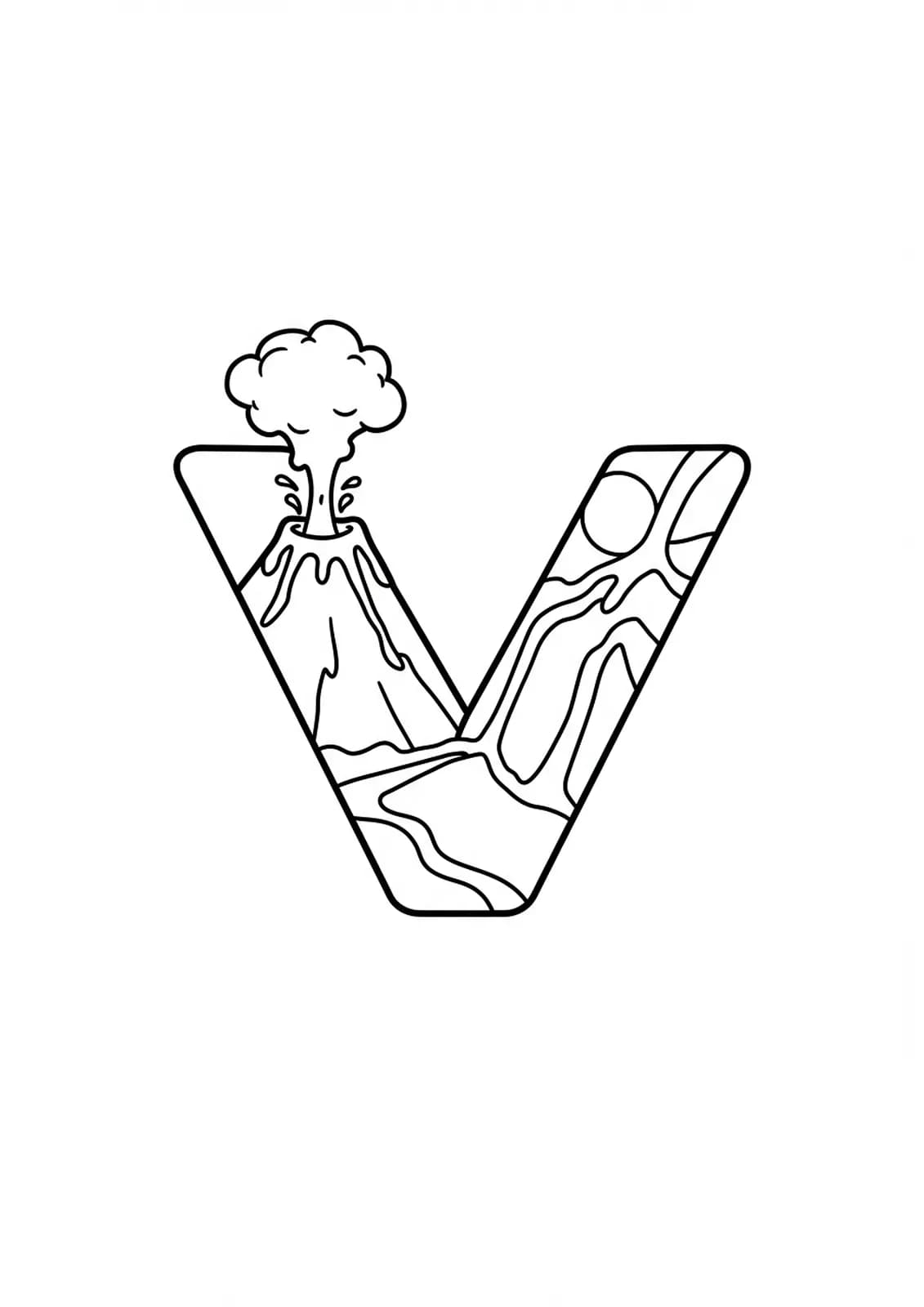 Easy adult coloring page of letter V with an erupting volcano in the background