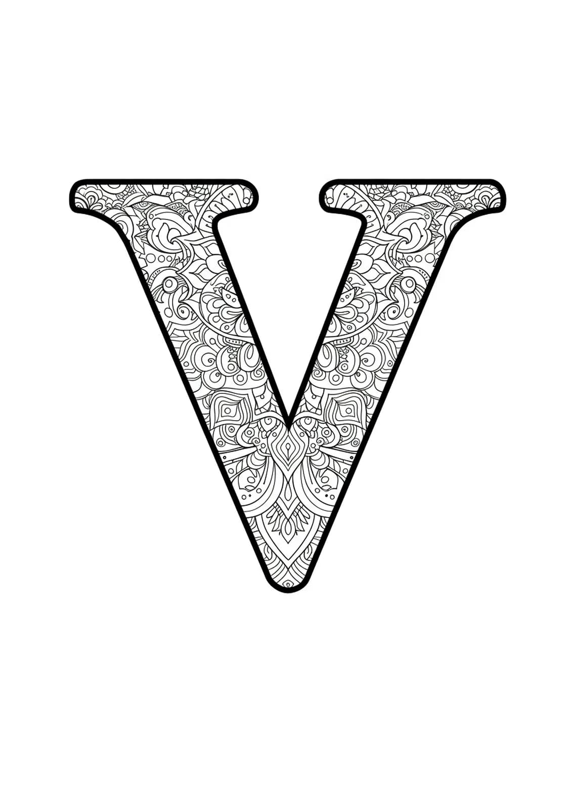 Letter V coloring page with detailed, symmetrical zen mandala patterns all around.