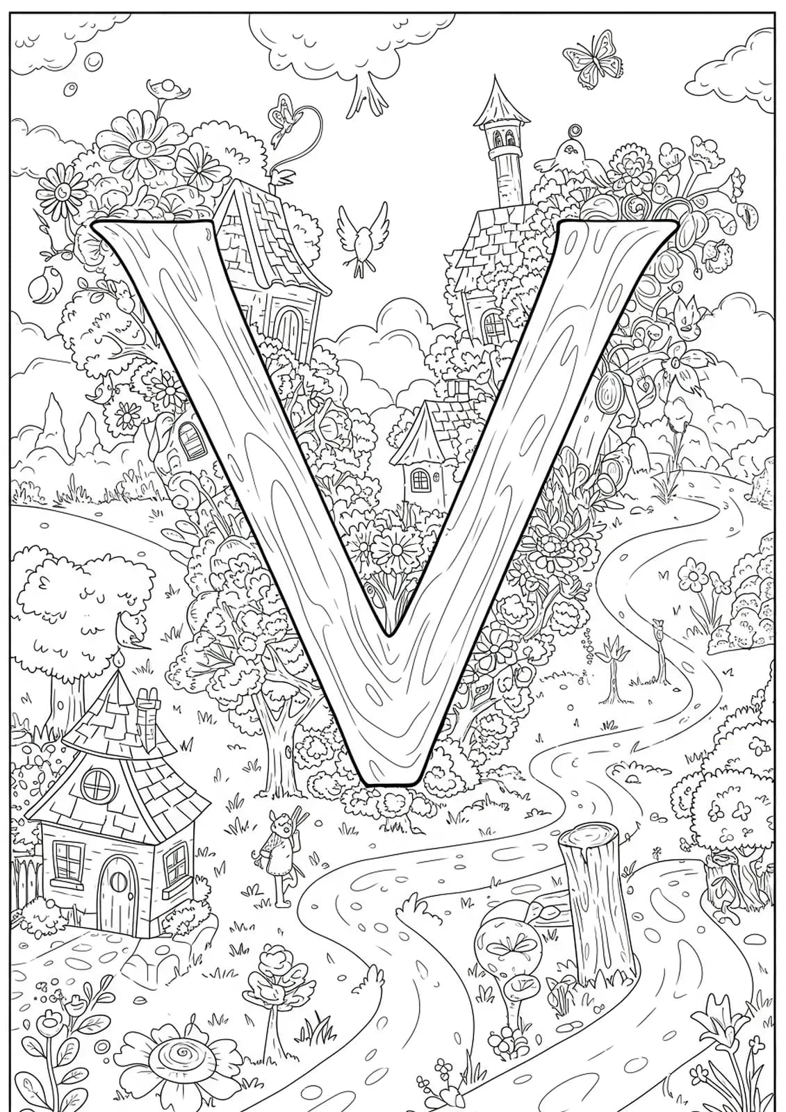 Fantasy village coloring page with the letter V, detailed houses, and creatures for preschoolers.
